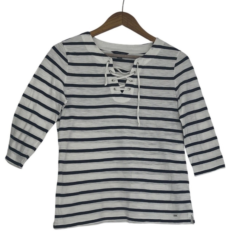Tommy Hilfiger NWOT Striped Lace Up Nautical Top M Medium 3/4 Sleeve Coastal